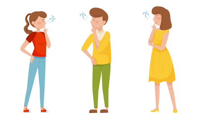 People Characters Standing with Thoughtful Expression on Their Faces and Question Marks Vector Illustrations Set