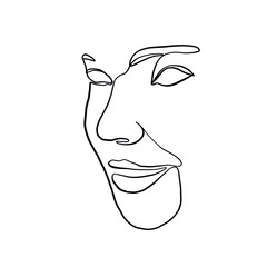 Linear woman or man beautiful simple face. Minimal logo. Vector icon design. Continuous line drawing. Woman portrait. Glamour vogue concept. 