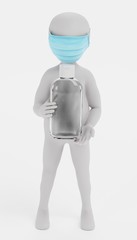 3D Render of Cartoon Character with Face Mask and Hand Sanitizer