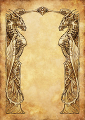Fototapeta na wymiar Old paper scroll with ornamental dragons