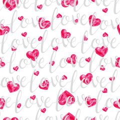 Seamless pattern with watercolor hearts on white background with handwritten text Love. Perfect for design Valentine's day holiday card, textile fabric print, wrapping, wallpapers, etc. Love theme art
