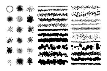 Set of articstic creative brushes, lines with dotts, spaltters circle spots, drops. Spray texture.
