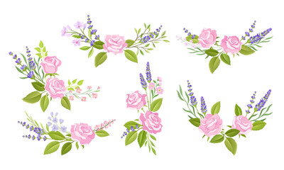 Floral Arrangement with Rose Flower and Lavender Twigs for Border or Corner Decoration Vector Set