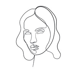 Woman face drawn one continuous line. Fashion concept. Woman beautiful face in minimal style. Abstract linear silhouette. Simple icon, logo. Vector illustration