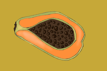 Illustration of papaya on a yellow background. Juicy tropical fruit