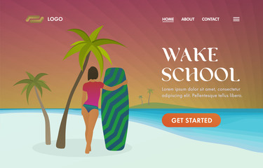 Wakeboarding School UI UX vector web template for wake station landing page, sports camp. Young sporty girl hugs a wakeboard while standing on white sand beach with palm trees and looking at sunset.