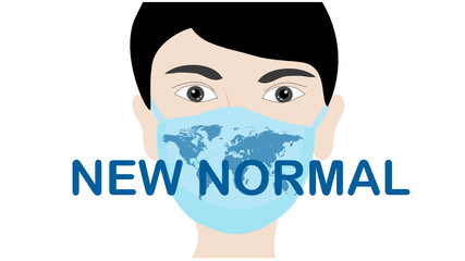 New normal lettering on man face wearing face mask  to prevent from COVID-19 coronavirus outbreak vector illustration