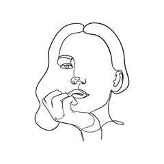 Woman face drawn one continuous line. Fashion concept. Woman beautiful face in minimal style. Abstract linear silhouette. Simple icon, logo. Vector illustration
