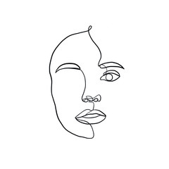 Linear female beautiful simple face. Minimal logo. Vector icon design. Continuous line drawing. Woman portrait. Glamour vogue concept. 