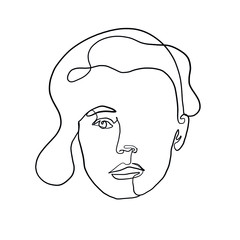 Woman face drawn one continuous line. Fashion concept. Woman beautiful face in minimal style. Abstract linear silhouette. Simple icon, logo. Vector illustration