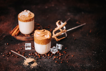 Still life of creamy corean dalgona coffee with coffee beans