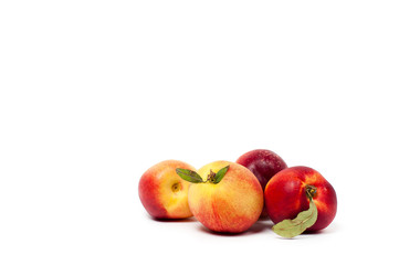 four ripe yellow and red nectarines with green leaves isolated on a white background