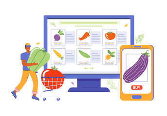 Online order of products and food using the mobile app and online store. Male characters are shopping via web and smartphone. Sale of fresh vegetables. Man puts food in a grocery cart. Healthy eating