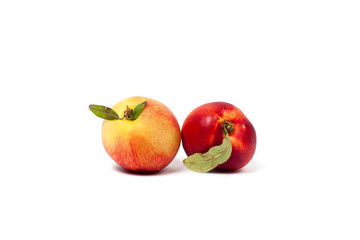Fototapeta na wymiar two ripe yellow and red nectarines with green leaves isolated on a white background