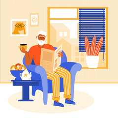 Elderly man stays at home during the quarantine. Grandfather is sitting in a chair by the window, reading a newspaper. Pensioner drinks tea with homemade cakes. Home leisure. Vector flat illustration.