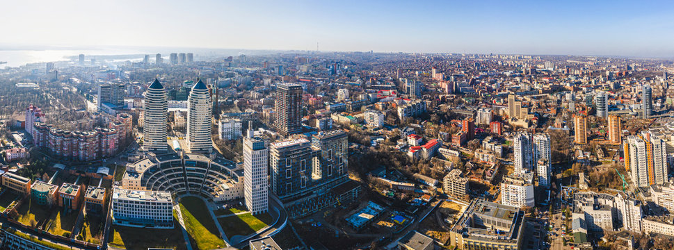 Wide panorama of Dnipro city. City center of Dnipropetrovsk, aerial view panorama