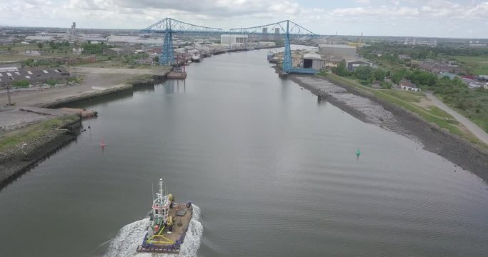 The iconic Middlesbrough Transporter Bridge that crosses the River Tees between Stockton and Middlesbrough.
