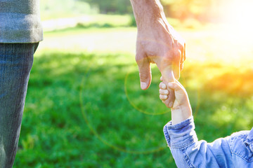 parent holds the hand of a small child