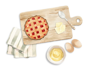 Watercolor illustration about baking - berry pie on a wooden cutting board with eggs