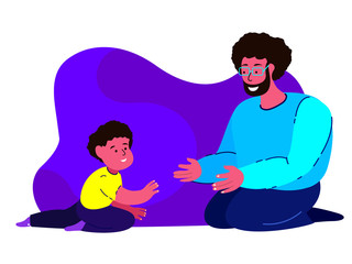 Happy African Smiling Father on Decree.Laughing Son Creeps. Young Parent Protection.Boy Son Having Fun with Dad.Cheerful Family,Child Kid. Care Supporting Papa.Family Together.Flat Vector Illustration