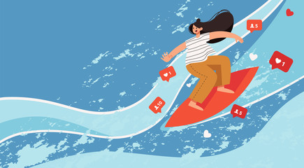 Social media marketing advertising banner template. 
Promotion on social networks. Woman on a surfboard on a likes and followers icons wave. Space for text, copy space. Vector stock illustration.