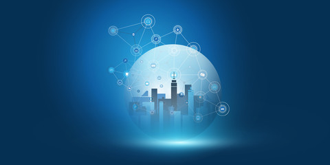 Smart City, Cloud Computing Design Concept with Transparent Globe and Wireframe - Digital Network Connections, Technology Background