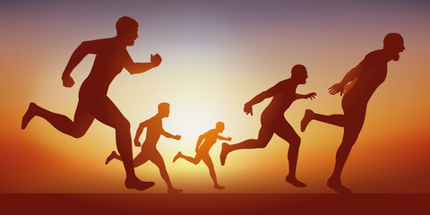 Concept du sprint dans une compétition d’athlétisme avec des champions de course à pied qui passent la ligne d’arrivée d’un 100 mètres. - obrazy, fototapety, plakaty