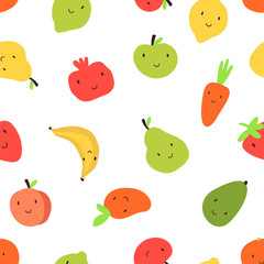 
Fruits, vegetables, berries seamless vector pattern. Cute fruits with funny faces. Pomegranate, apple, avocado, carrot, pear, orange, strawberry, lemon, lime, banana, mango. Vector stock illustration