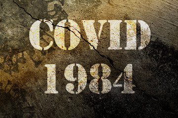 COVID 1984 in stencil text on a textured grunge background with abstract covid-19 or coronavirus illustration. Video title screen, podcast or web background, poster or infographic. - obrazy, fototapety, plakaty