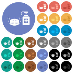 Medical face mask and hand sanitizer round flat multi colored icons