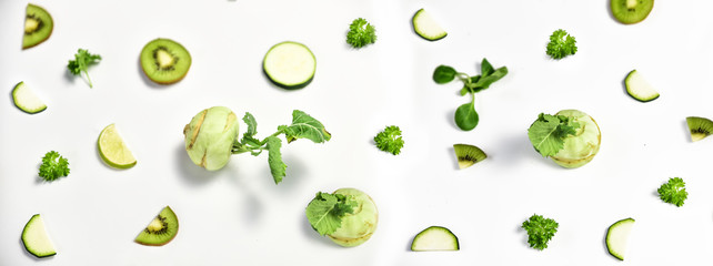 Background with green fruits and vegetables