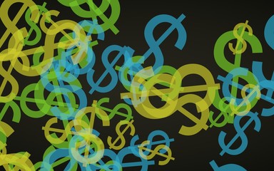 Multicolored translucent dollar signs on dark background. 3D illustration