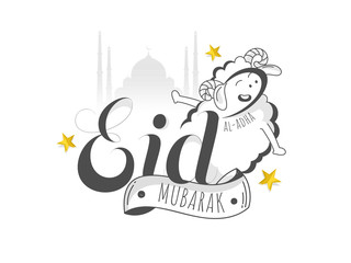 Eid-Al-Adha Mubarak Font with Cartoon Funny Sheep and Stars on Silhouette Mosque White Background.