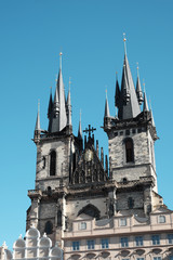 Fototapeta na wymiar Temple of the Virgin Mary in Prague. Towers of the Tyn Church.