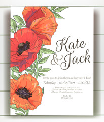 Vector delicate invitation with poppy for wedding, marriage, bridal, birthday, Valentine's day. mothers day
