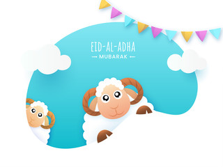 Eid-Al-Adha Mubarak Concept with Cartoon Two Sheep and Bunting Flags Decorated on Paper Cut Abstract Background.