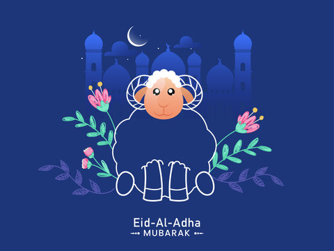 Creative Cartoon Sheep with Hibiscus Flowers, Leaves and Crescent Moon on Blue Mosque Background for Eid-Al-Adha Mubarak.