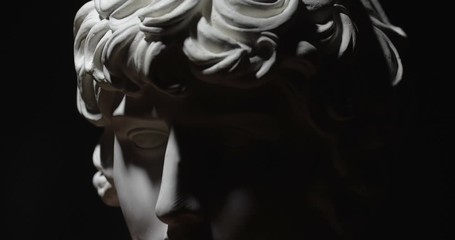 Epic studio close-up shot of a gypsum head with moving and changing lighting. The play of light and shadow on half the face of a white statue of a man. On a black background isolated 4k - Powered by Adobe