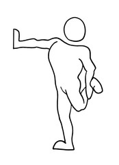 Silhouette of a man standing preheating and stretching his leg leaning against a wall. Isolated basic black line sketch hand drawn vector illustration.
