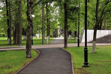 
City park with asphalt path in cloudy weather