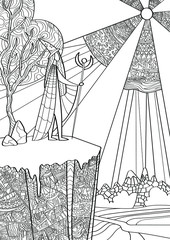 Wizard traveler and landscape coloring book for children and adults. Hand drawn antistress coloring page with magician, trees, mountains and bright sun. Vector outline stock illustration. Zen style.