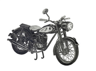 Vintage motorcycle with two wheels, pencil drawing