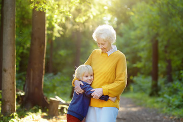 Loving grandson tenderly embracing his joyful elderly grandmother during walking at summer park.