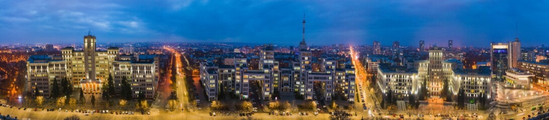 Obraz premium Wide panorama of Kharkiv city. Night city view of Kharkiv aerial panorama