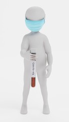 3D Render of Cartoon Character with Face Mask and Covid-19 Test Tube