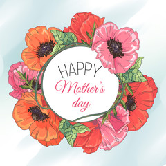 Template with poppy on white background. Vector frame with poppy for wedding, marriage, bridal, birthday, mothers day