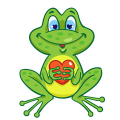 Funny cute frog with a red heart in his hands. In cartoon style. Isolated on white background. Vector illustration.