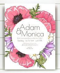 Vector delicate invitation with poppy for wedding, marriage, bridal, birthday, Valentine's day. mothers day.