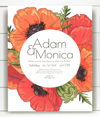 Vector delicate invitation with poppy for wedding, marriage, bridal, birthday, Valentine's day. mothers day