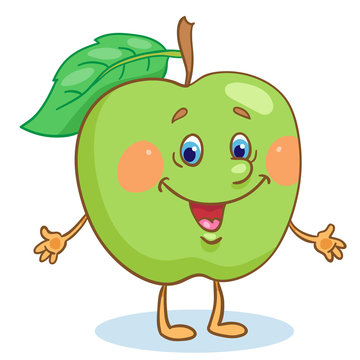 Funny apple in cartoon style. Isolated on white background. Vector illustration.